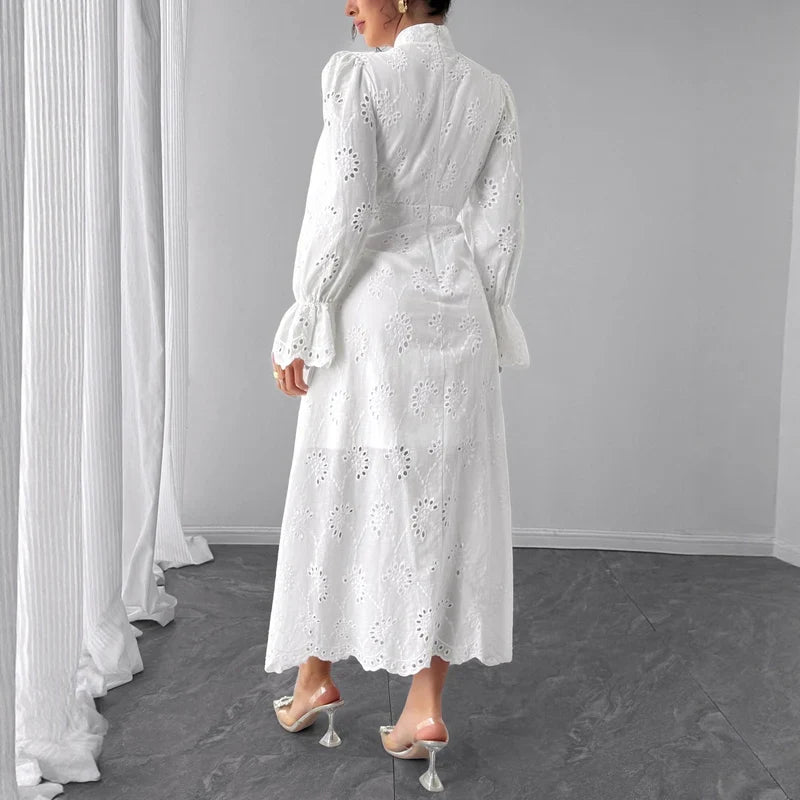 Elegant Vacation Long-Sleeve Hollow-Out Waist-Cinching Button Dress